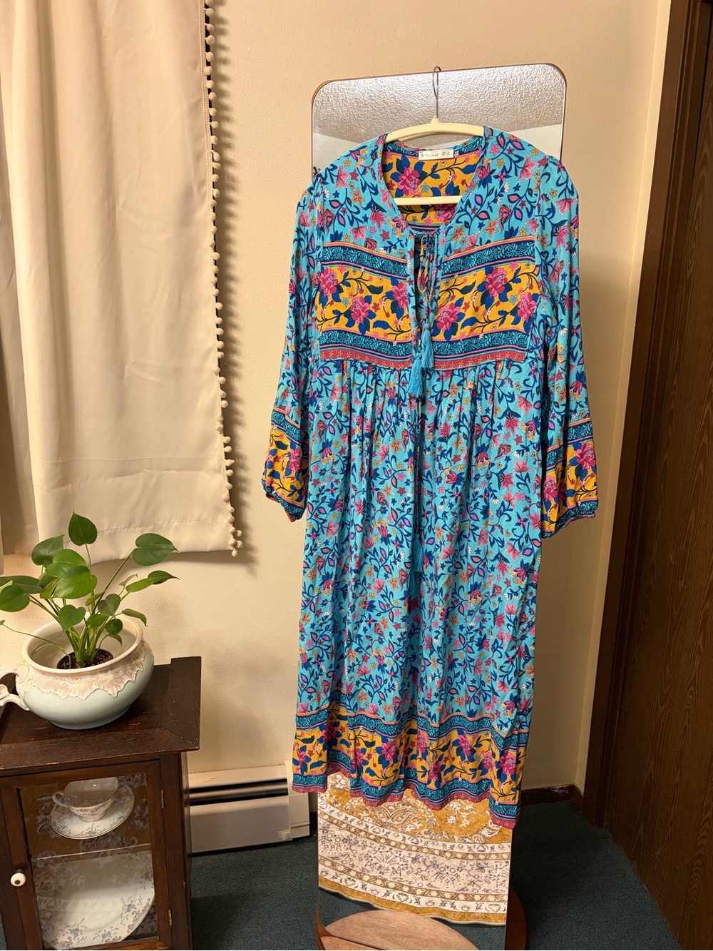 Turquoise Floral Midi Dress with Yellow Border